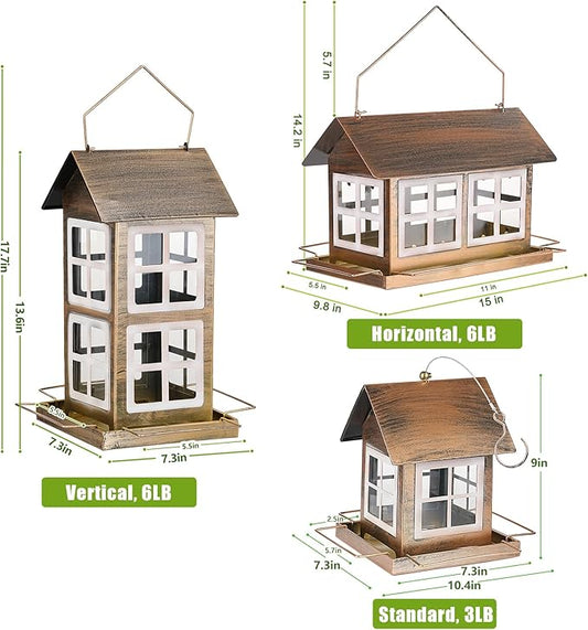Bird Feeders, Heavy Duty Metal Bird Feeder for Outdoors Hanging, Weatherproof Large Capacity Wild Birdfeeder for Outside Garden Yard, Country House Shape (Vertical)
