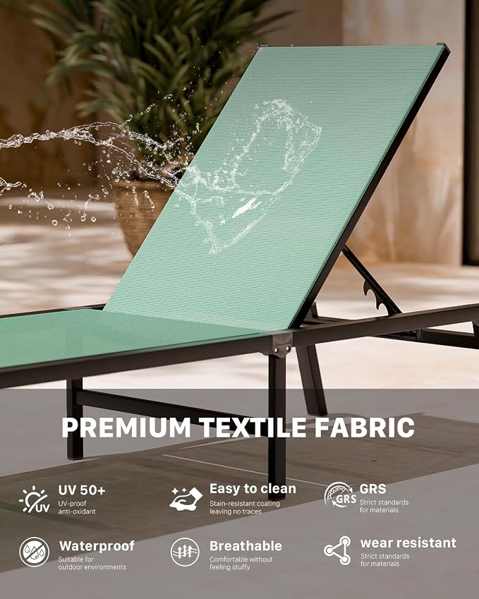 Patio Lounge Chair, Aluminum Foldable 5-Position,1 Pack,Green | Lightweight rustproof aluminum. Breathable quick-dry fabric. Full flat recline for sunbathing. Poolside, deck, beach, lawn.