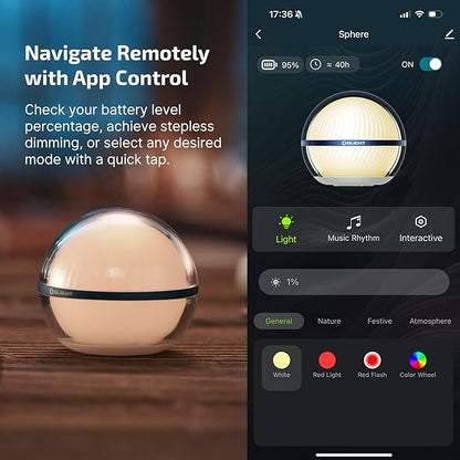 OLIGHT Sphere Smart Night Light, 75 lumens Stepless Dimming Table Lamp with Remotely APP Control, Magnetic Rechargeable RGB Ambient Lighting for Sleeping, Reading, and Relaxation