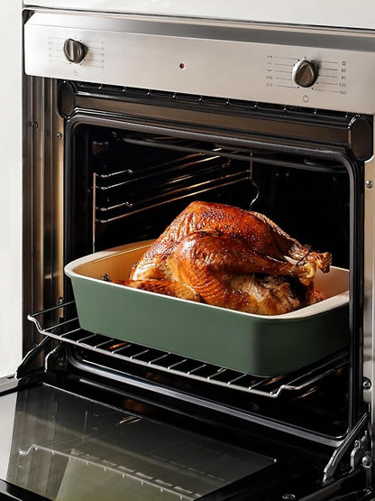 LE TAUCI Deep Casserole Dishes for Oven, 13.7”x9.6” Ceramic Baking Dish Set with Roasting Racks, Large Lasagna Pans with Handles, Rectangular Bakeware as Gift for Mom, Forest Green (4.6QT/3.0QT/1.6QT), Set of 3