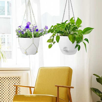 10 inch Self Watering Hanging Planters, 2 Pack Hanging Flower Pots for Indoor Outdoor Plants, Hanging Baskets with Drainage Holes & 2 Kinds of Plant Hangers for Garden Home Decor, White