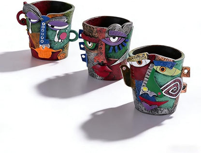 Funny Abstract Art Face Mini Planter Pots Set of 3, Unique & Colorful Hand-Painted Resin Succulent Pots for Indoor Decor, Shelf, Desk, Windowsill