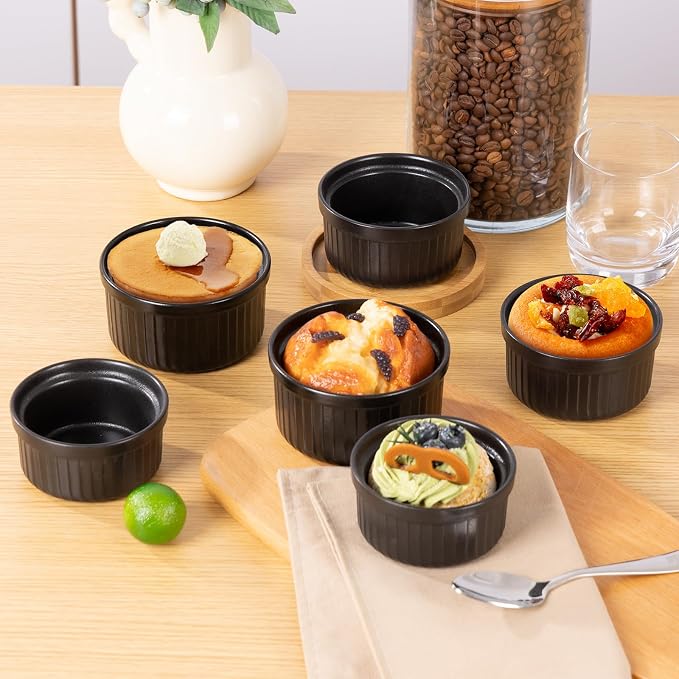 Yachi Black Souffle Ramekins: 8oz 6 Pieces Ceramic Baking Ramekin Set Oven Safe Stoneware Bakeware Serving for Sauces Dipping | Onion Soup | Lava Cake | Flan | Creme Brulee | Pudding | Mini Custard