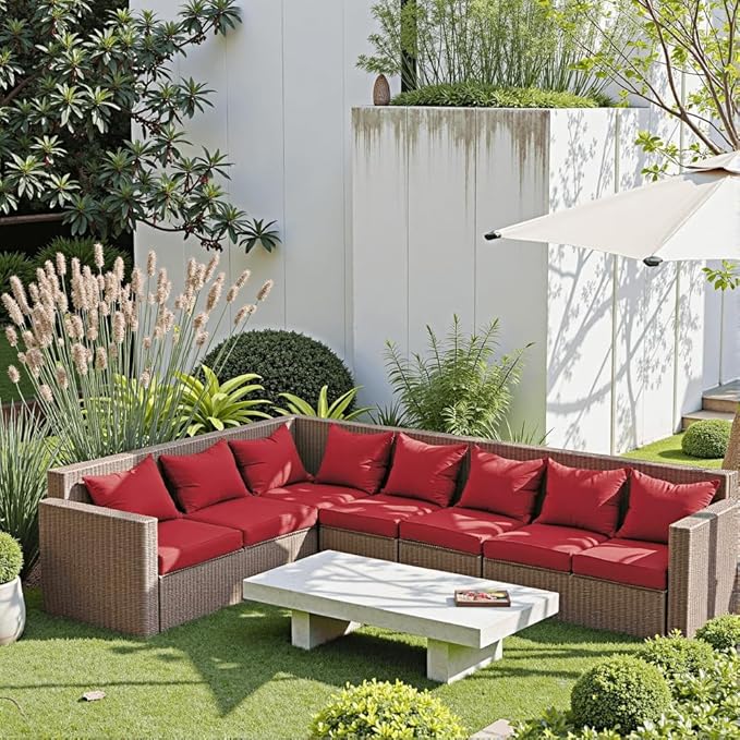 PatioGlow Outdoor Seat Cushion Set 24 x 24 x 4 Inch, Waterproof & Fade Resistant Patio Furniture Cushions with Removable Cover and Ties, Thick Deep Seating Pads for Outside Chair Sofa Couch, Red