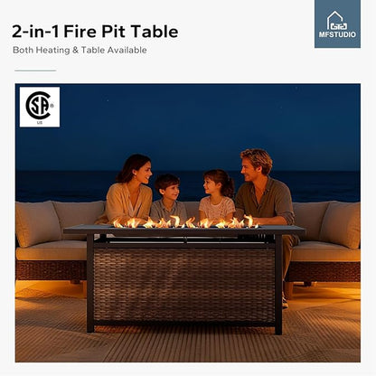 MFSTUDIO 9 Piece Wicker Patio Furniture Set with 56" Fire Pit Table, All-Weather PE Rattan Patio Sectional Sofa Conversation Set with 50000 BTU CSA Approved Fire Pit Table & Beige Cushion