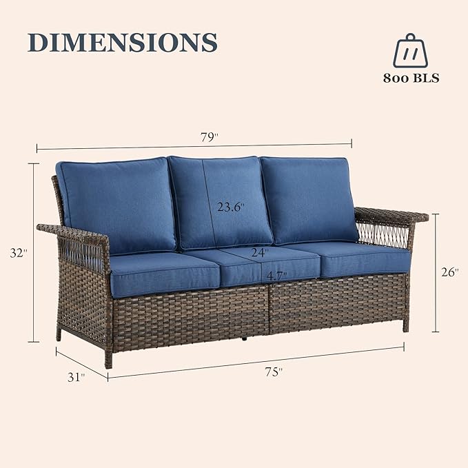 Wicker Patio Furniture Set - 7pcs with Blue Cushions, Rattan Sofa, Ottomans, Coffee & Side Table