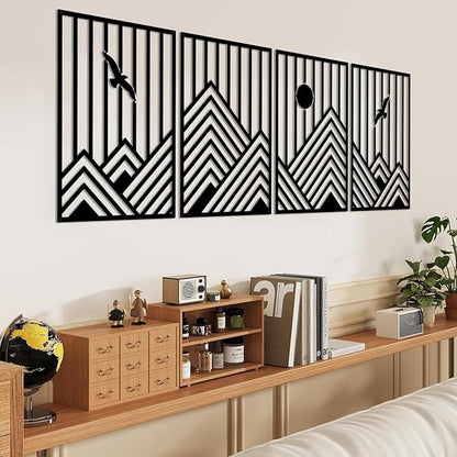 ESTART 4 Pcs Metal Mountain Wall Art, Minimalist Decor Single Line Art Wall Decor, Nature Abstract Line Minimalist Wall Art for Living Room Bedroom Bathroom Study Room (Black)