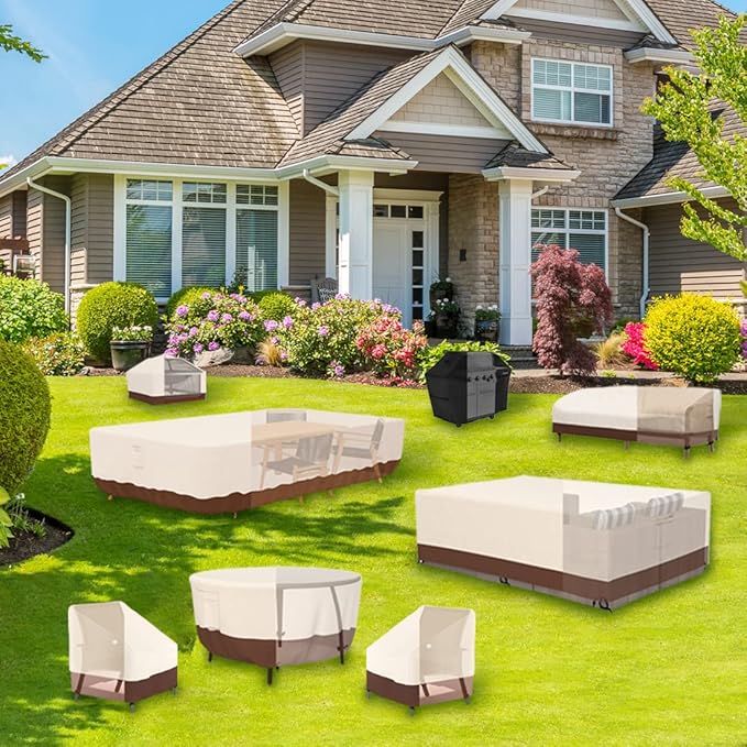 Tuyeho Patio Furniture Set Cover 124 x 84 x 28 inch, Heavy Duty Oxford Fabric Outdoor Dining Set Cover, Waterproof & Weather Resistant, for Your Outdoor Rectangular Table and Chairs (Beige & Brown)