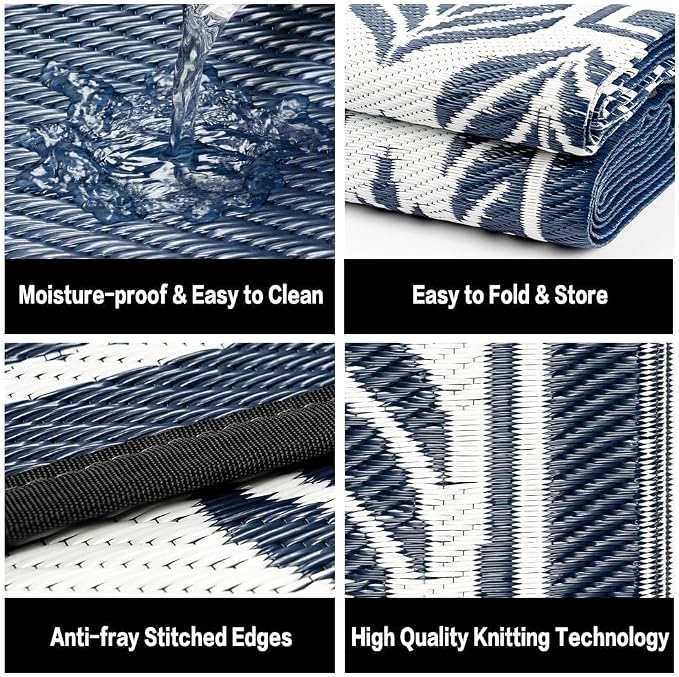 HUGEAR Outdoor Plastic Straw Rug, Waterproof Mat, Washable Large Floor Mat and Rug for Outdoors, RV, Beach, Patio, Camping, Backyard, Deck, Picnic, Outside (Olive-Leaf/Dark Blue&White,9x12ft)
