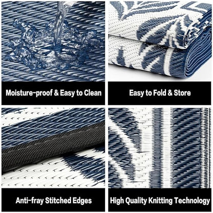 HUGEAR Outdoor Plastic Straw Rug, Waterproof Mat, Washable Large Floor Mat and Rug for Outdoors, RV, Beach, Patio, Camping, Backyard, Deck, Picnic, Outside (Olive-Leaf/Dark Blue&White,9x12ft)