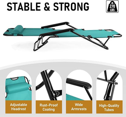 Outdoor Folding Chaise Lounge Chair, Patio Sun Lounger Reclining Beach Chair Sun Patio Pool Lawn Recliner Chair (Green)