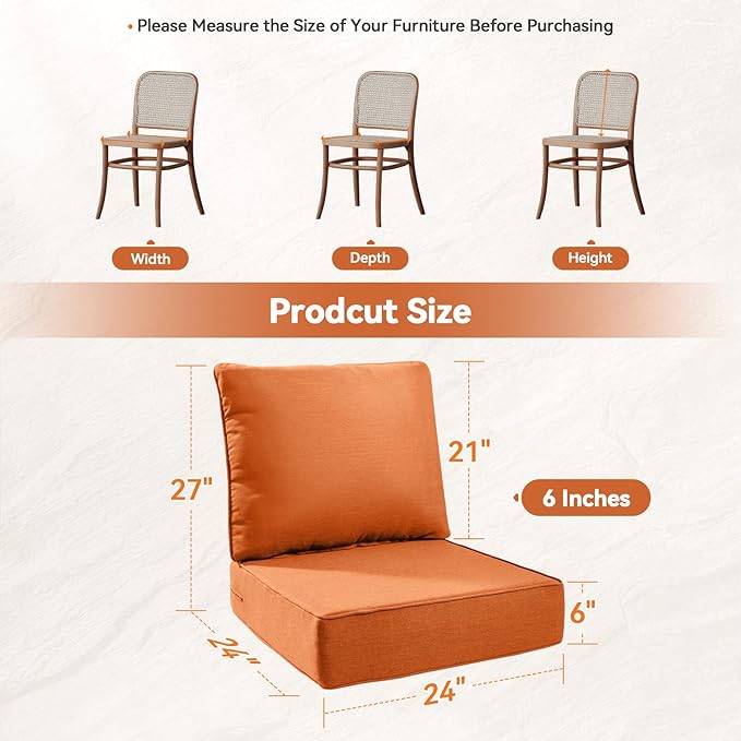 Luxury 6" Outdoor Cushions for Patio Furniture, 24x24x6" Thick Seat Cushion Set of 3, Fade Resistant Couch Chair Replacement Cushions High Density Deep Wicker Chair Cushion w/ Removable Cover, Orange