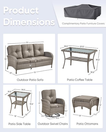 7 Pieces Outdoor Patio Furniture-Swivel Patio Chairs Set of 2 Outdoor Wicker Rattan Sofa Couch with Ottoman Outdoor Conversation Set for Deck Porch Garden Balcony Poolside-Grey/Grey