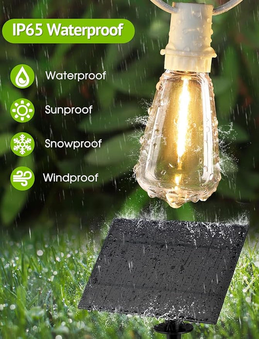 48FT Solar Outdoor String Lights with Remote & Timer, Shatterproof Dimmable 3 Modes Patio Lights with 15+1 ST38 LED Bulbs for Backyard-White