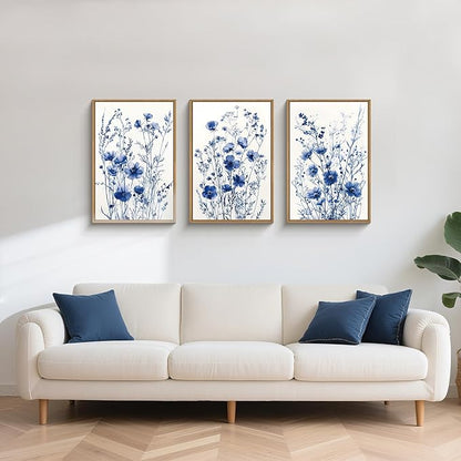 FWIEXA Blue White Wildflower Canvas Wall Art Set of 3, Framed Navy Chinoiserie Watercolor Botanical Pictures Wall Decor, Minimalist Floral Paintings Artwork, 16x24In Florals Prints for Living Room, Bedroom, Bathroom