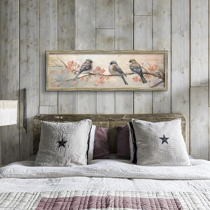Vintage Bird Framed Wall Art: Rustic Chickadee Wooden Painting Colorful Cute Sparrow Picture Pink Flower Branch Prints Countryside Artwork Decor for Living Room Bedroom Farmhouse