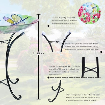 MUMTOP Bird Bath-Bird Baths for Outdoors - Dragonfly Large Bird Bath Bowl with Metal Stand, Glass BirdBaths for The Garden Lawn Yard Decor