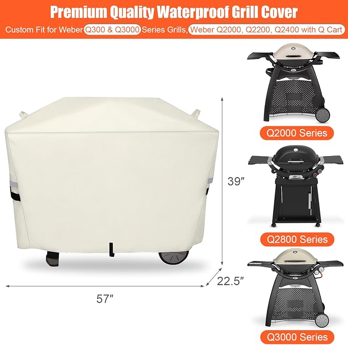 QuliMetal 7112 Grill Cover for Weber Q2000, Q2200, Q2400, Q2000N+, Q2800N+, Q300, Q320, Q3000, Q3200 Gas Grills, 600D Waterproof Fade Resistant BBQ Gas Grill Cover, Beige