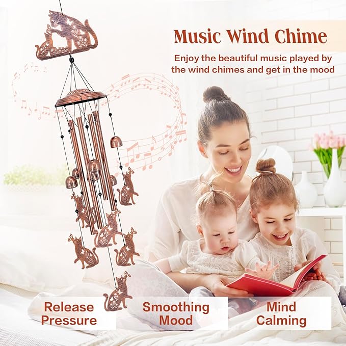 Cat Wind Chimes Outdoor Cat Gifts for Women Men Mom Gardening Birthday Gifts Metal Memorial WindChimes for Outside/Indoors, Lawn, Patio, Yard Art, Garden Decor, Yard Decorations