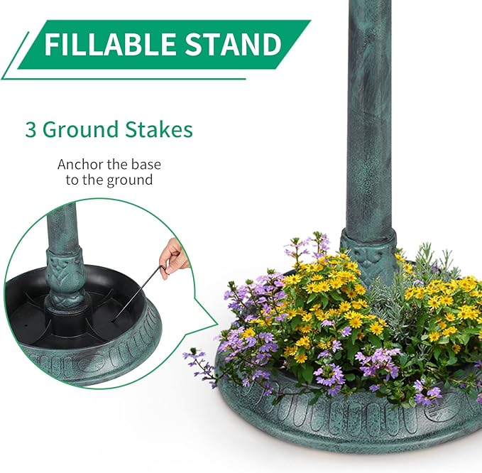 Outvita Outdoor Bird Bath, Garden Bird Baths Decorations with Solar-Powered Lamp and Resin Pedestal Flower Planter Base Bird Feeder for Yard Patio
