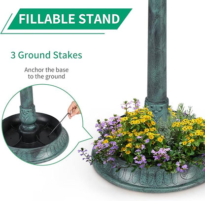 Outvita Outdoor Bird Bath, Garden Bird Baths Decorations with Solar-Powered Lamp and Resin Pedestal Flower Planter Base Bird Feeder for Yard Patio