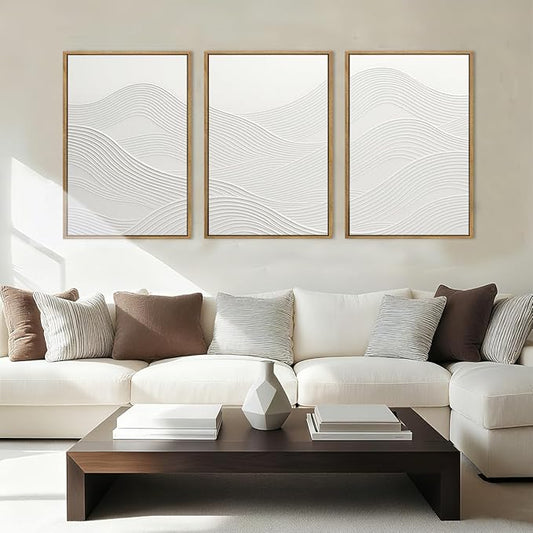 Anyzal Large White Textured Framed Wall Art 16x24 Inch Neutral Abstract Modern Canvas Wall Decor Gray Minimalist Ocean Waves Artwork for Living Room Bedroom Office Set of 3