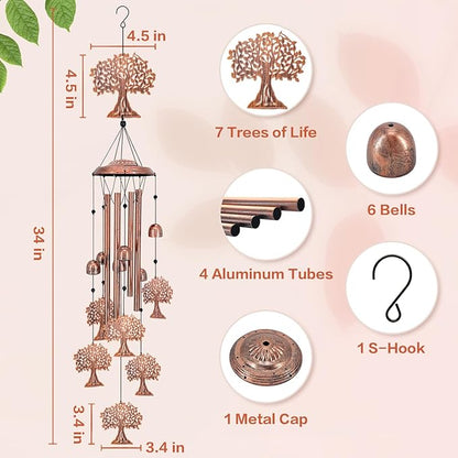 Tree of Life Wind Chimes Outdoor Tree of Life Gifts for Women Men Mom Gardening Birthday Gifts Metal Memorial WindChimes for Outside/Indoors, Lawn, Patio, Yard Art, Garden Decor, Yard Decorations
