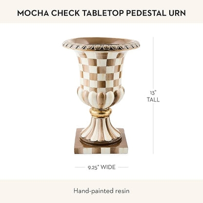 MACKENZIE-CHILDS Tabletop Urn, Decorative Centerpiece for Table, Brown-and-White Mocha Check Pedestal