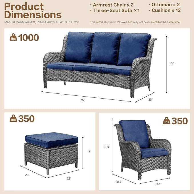 5 Pieces Outdoor Patio Furniture Conversation Set PE Rattan Wicker with a 3-Seater Sofa, 2 Armchairs, 2 Outdoor Ottomans for Yard Backyard (Grey/Navy Blue)