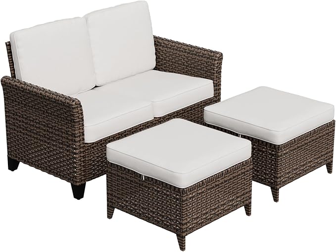 Canyon Ridge Wicker Patio Sofa with 2 Ottomans, Small Balcony Furniture, Outdoor Furniture Set, 2 Seat Loveseat, Brown/Beige