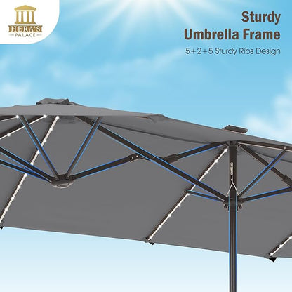 HERA'S PALACE 13ft Patio Umbrella with 120 LED Solar Lights Double Sided Outdoor Umbrella for Patio 8 Colors Changing Table Umbrella Outdoor Patio for Garden Pool