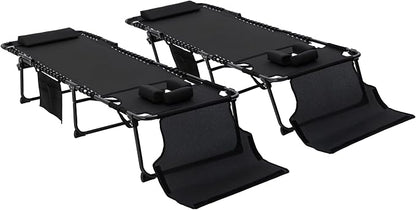 Outsunny 2 Piece Folding Chaise Lounge with 5-Level Reclining Back, Tanning Chair with Face Hole, Outdoor Lounge Chair with Side Pocket & Headrest for Beach, Yard, Patio, Black