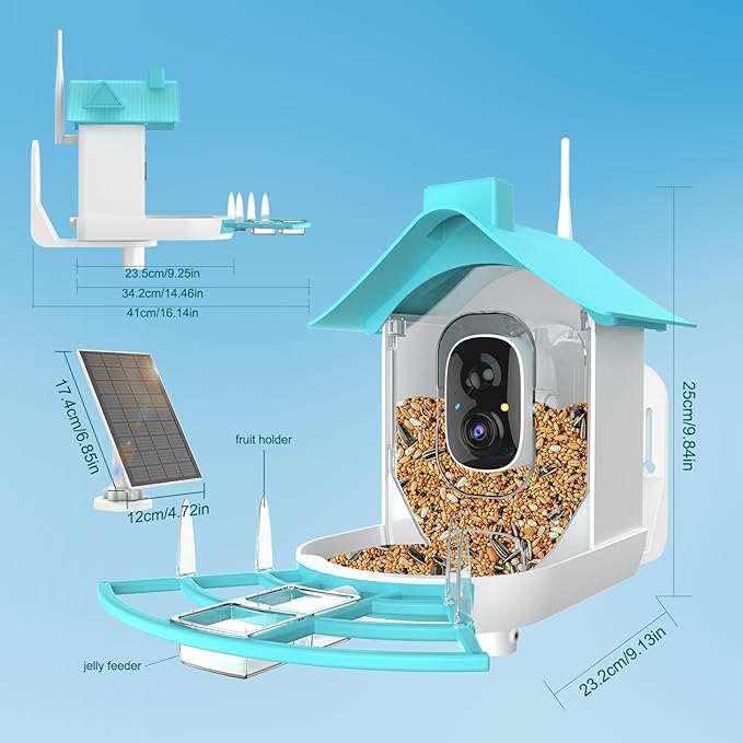 Bird Feeder with Camera, Smart Bird Feeder Camera with AI Identify Instant Notifications, FHD Live View,Birds Watching Camera with Solar Panel in Backyard, Ideal Gift for Family and Birds Lover,Blue
