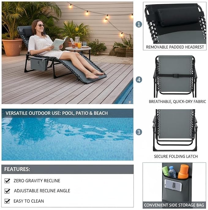 Folding Outdoor Chaise Lounge Chair, 5-Position Adjustable Sun Tanning Chair with Removable Pillow, Side Pocket & Carry Handle for Beach, Garden & Pool