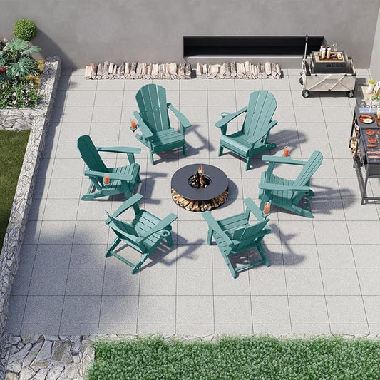 Folding Adirondack Chairs with Cup Holders, Set of 6 HDPE Plastic Outdoor Chairs, Weather Resistant, Real Wood Look, Heavy-Duty Patio Furniture for Deck, Fire Pit, Backyard, Aruba Blue