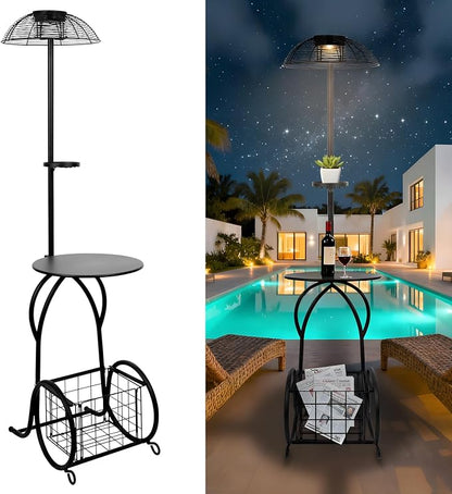 Solar Outdoor Side Table with Light, 52.5'' Waterproof Metal Patio End Table, Solar Powered Accent Table with Auto Light ON/OFF & USB Charging, Pefect for Porch Backyard Poolside Balcony, Black