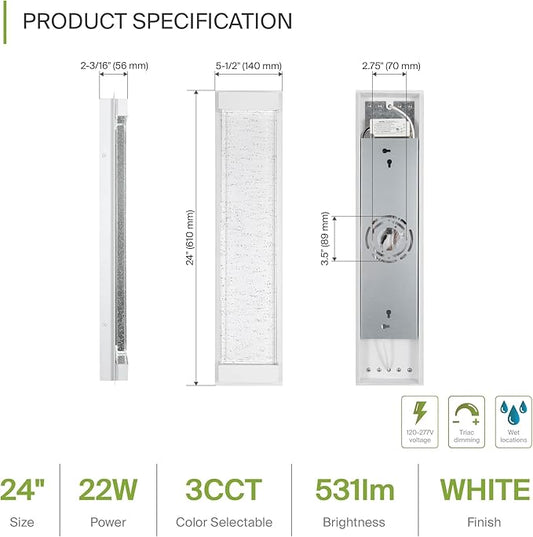 ASD LED 24" Bubble Glass Wall Light Fixture, Outdoor & Indoor Seeded Sconce | 3CCT, Waterproof, Dimmable, Up-Down Glow, ETL Listed | 22W 530LM 3000-5000K 100-277V | Exterior Porch Lighting | White