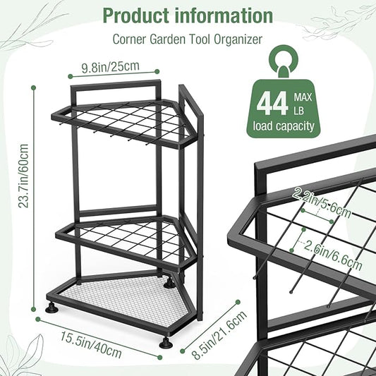 Garden Tool Organizer for Corner,Metal Yard Tool Organizer for Long-Handled Tools/Rakes/Brooms,Side Garden Pocket,Heavy Duty Steel Yard Tool Storage Rack for Garage,Shed, Outdoor