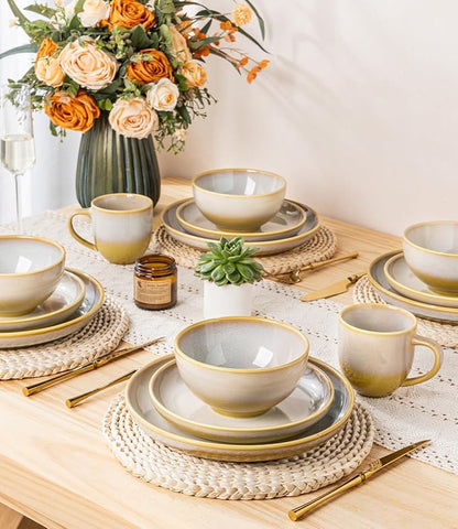 TheTerra Stoneware Dinnerware Sets for 4, 12 Pieces Ceramic Plates and Bowls Sets, Scratch Resistant Dish Set, Oven, Microwave & Dishwasher Safe, Autumn Haze