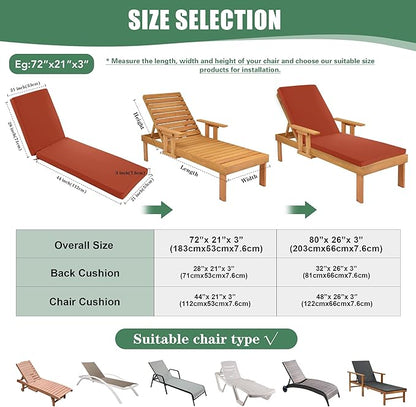 Chaise Lounge Cushions Outdoor Set of 4 - Waterproof and Fade Resistant Sun Lounger Replacement Cushions - Patio Lounger Pads with Removable Cover for Pool, Deck, 72 x 21 x 3 Inch, Rust