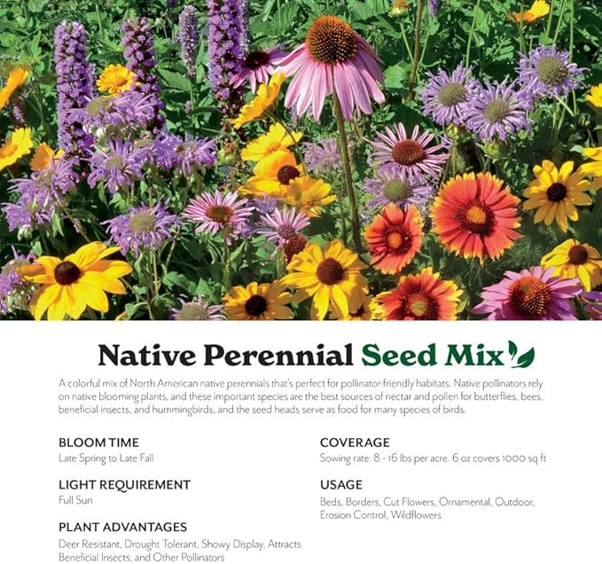 Grow Your Own Vibrant Annual and Perennial Wildflower Garden Seeds Mixture, Varieties for Pollinators and Spring Gardens - Native Perennial Mix, 1 lb