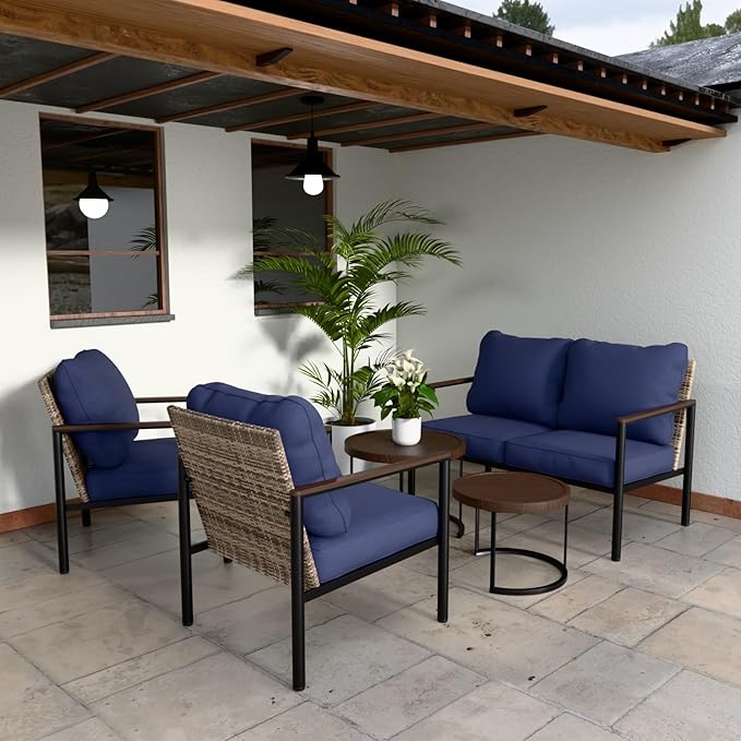 COOS BAY Sand Dune 5 Piece Wicker Patio Furniture Set, Rattan Outdoor Furniture with Nesting Tables, Chairs, Loveseat, and Coffee Tables, Brown/Blue