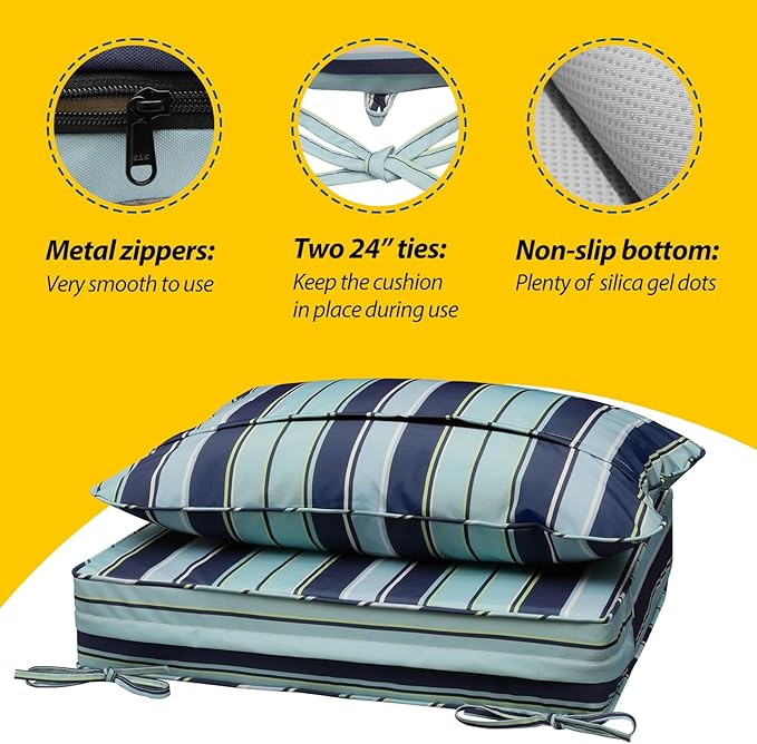 AAAAAcessories Outdoor Seat Cushions for Chairs, Fade-Resistant, Waterproof Patio Furniture Replacement Cushions, 23.5" x 25.5" x 5" + 23.5" x 19", Ash Teal Seaside Stripe