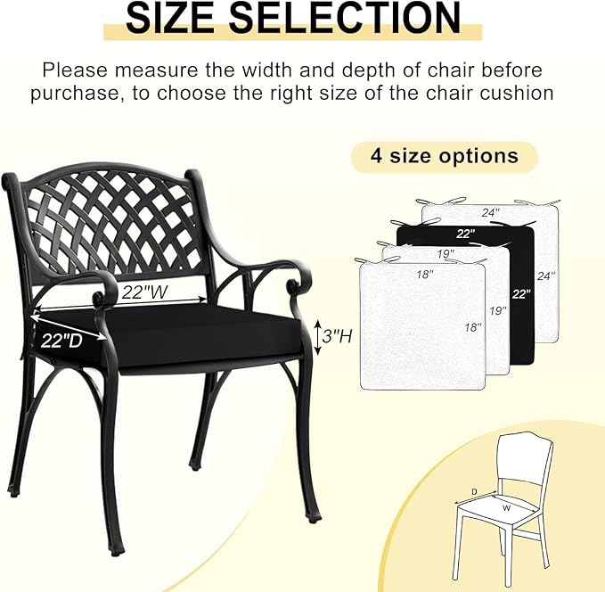 downluxe Waterproof Outdoor Chair Cushions for Patio Furniture, 22" x 22" x 3" Patio Chair Cushion with Adjustable Ties & Portable Handle, Square Outdoor Cushion with Removable Cover, Black, 2 Pack