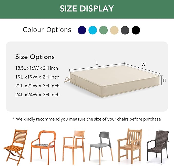 Outdoor Chair Cushions Set of 2: Waterproof & Fade Resistant Seat Cushion for Patio Furniture - 19 x 19 x 2 Inch Chair Pads with Ties and Hidden Zipper - Patio Chair Cushion Replacement, Beige
