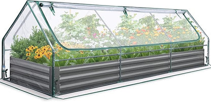 Quictent Raised Garden Bed Galvanized Raised Beds for Gardening Vegetables with Cover 8x4x1 ft Metal Planter Box Outdoor Use (Clear)