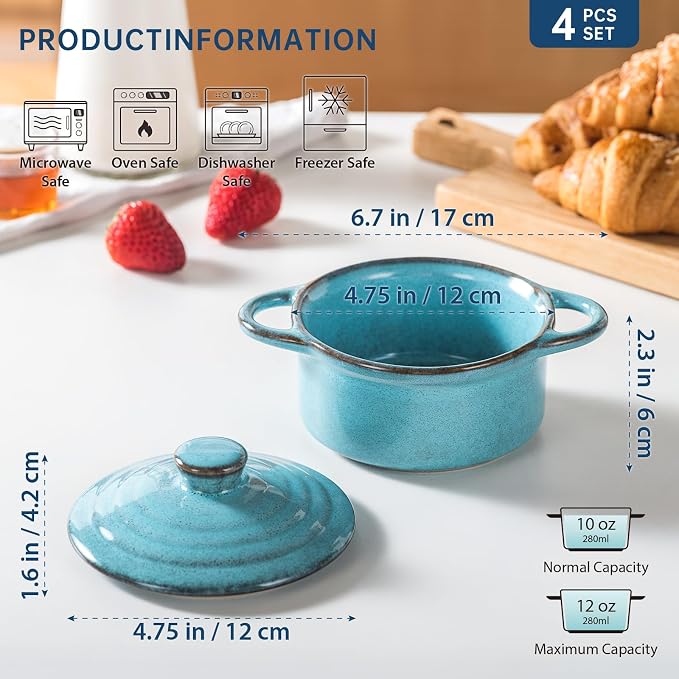 12 oz Mini Cocotte Set of 4, Ceramic Casserole Dishes with Lids & Handles | Reactive Glaze, Individual Baking & Serving, Ideal for Pot Pies, French Onion Soup, Casseroles & Baked Pasta, Oven Safe