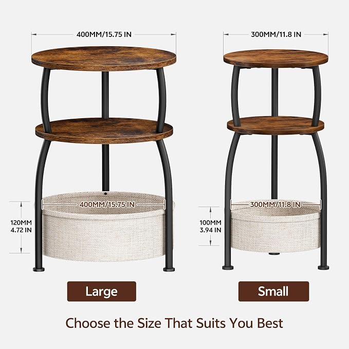 Round Side Table with Storage Basket for Living Room Rustic Brown | Small Table for Small Space 3-Tier Side Table for Bedroom, Garden, Sofa Couch Table Bedside Nightstand, Rustic Brown