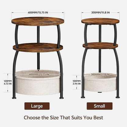 Round Side Table with Storage Basket for Living Room Rustic Brown | Small Table for Small Space 3-Tier Side Table for Bedroom, Garden, Sofa Couch Table Bedside Nightstand, Rustic Brown