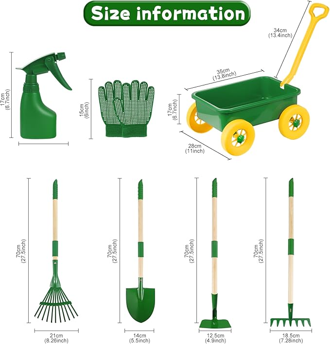 Duckura Kids Gardening Tools Set - 7pcs Wheelbarrow Set Outdoor Toy for Kids with Shovel, Rake, Leaf Rake, Yard Digging Weed Toys, Easter Birthday Gifts for Boys Girls Age 2 3+Years Old(Yellow)